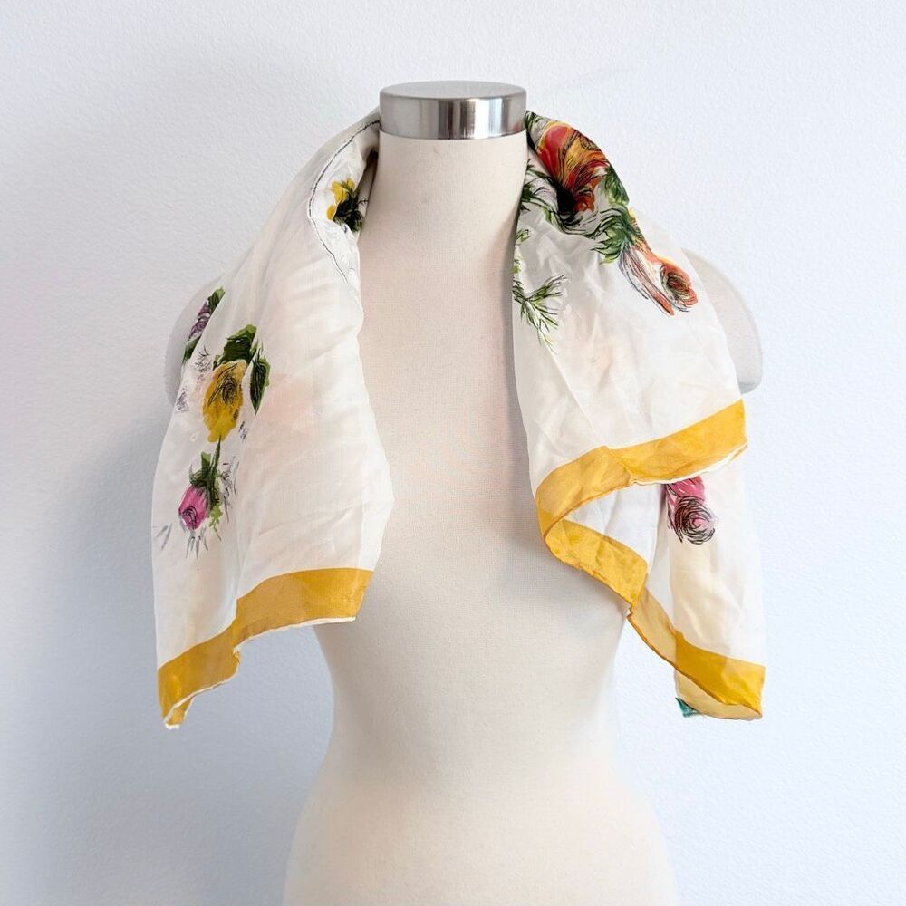 Printed Japan Yellow Silk Scarf Floral Rose Paint Art Yellow White Artist VTG